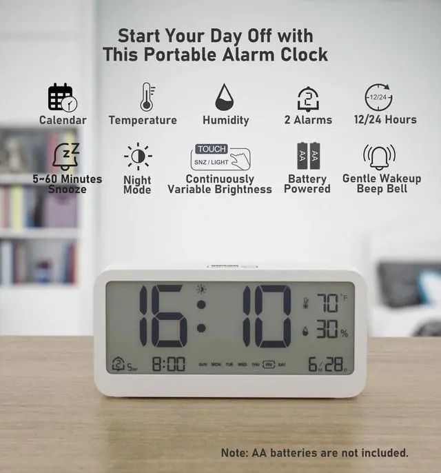 Alt view image 2 of 7 - Digital Alarm Clock Battery Powered with Date | Indoor Temperature | Humidity | LCD Display | Dual Alarms | Snooze and Backlight Desk Small Clock (White)