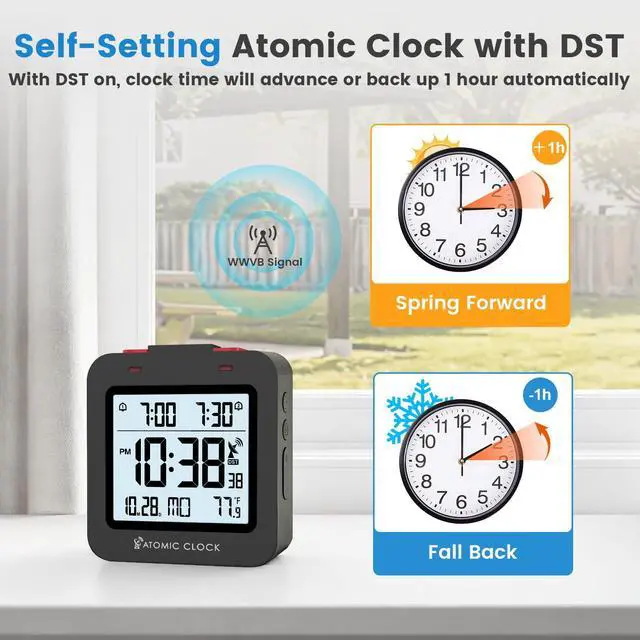 Alt view image 5 of 7 - Small Digital Atomic Alarm Clock for Bedroom, 3.15 Inch Portable Travel Clock with Dual Alarms and Snooze, Indoor Temperature, 8s Backlight, Battery Included, Black