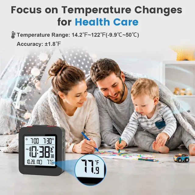 Alt view image 7 of 7 - Small Digital Atomic Alarm Clock for Bedroom, 3.15 Inch Portable Travel Clock with Dual Alarms and Snooze, Indoor Temperature, 8s Backlight, Battery Included, Black