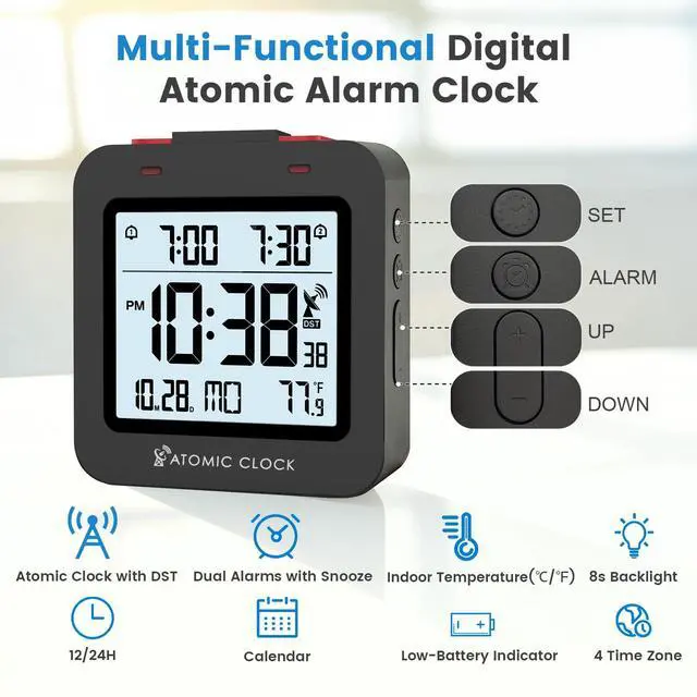 Alt view image 2 of 7 - Small Digital Atomic Alarm Clock for Bedroom, 3.15 Inch Portable Travel Clock with Dual Alarms and Snooze, Indoor Temperature, 8s Backlight, Battery Included, Black