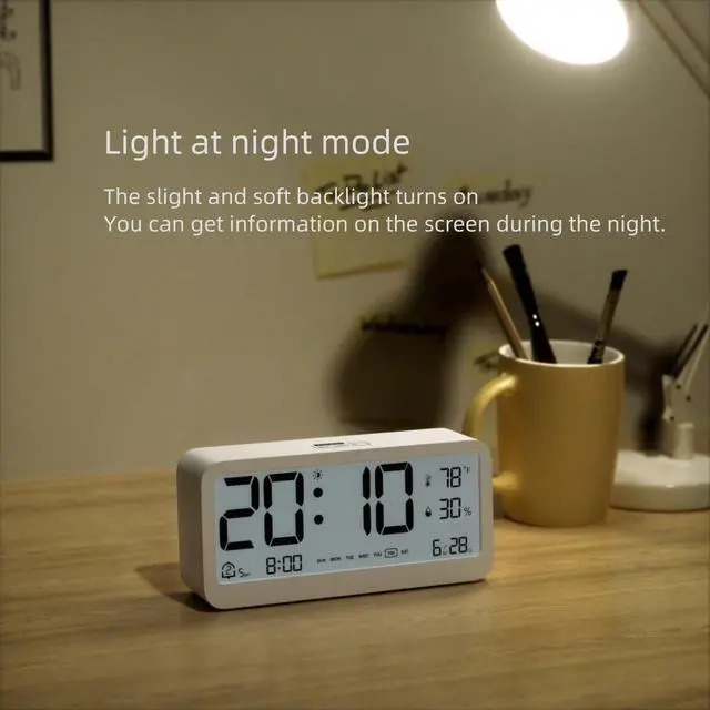 Alt view image 5 of 7 - Digital Alarm Clock Battery Powered with Date | Indoor Temperature | Humidity | LCD Display | Dual Alarms | Snooze and Backlight Desk Small Clock (White)