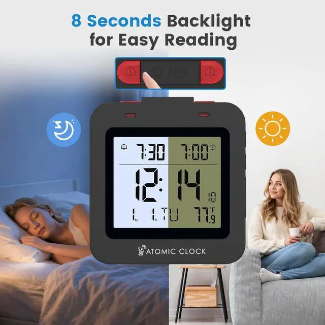Alt view image 3 of 7 - Small Digital Atomic Alarm Clock for Bedroom, 3.15 Inch Portable Travel Clock with Dual Alarms and Snooze, Indoor Temperature, 8s Backlight, Battery Included, Black