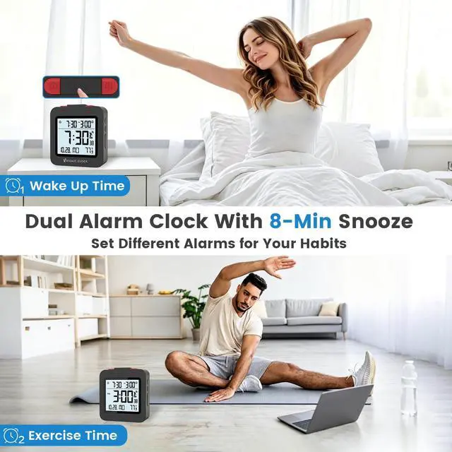 Alt view image 6 of 7 - Small Digital Atomic Alarm Clock for Bedroom, 3.15 Inch Portable Travel Clock with Dual Alarms and Snooze, Indoor Temperature, 8s Backlight, Battery Included, Black