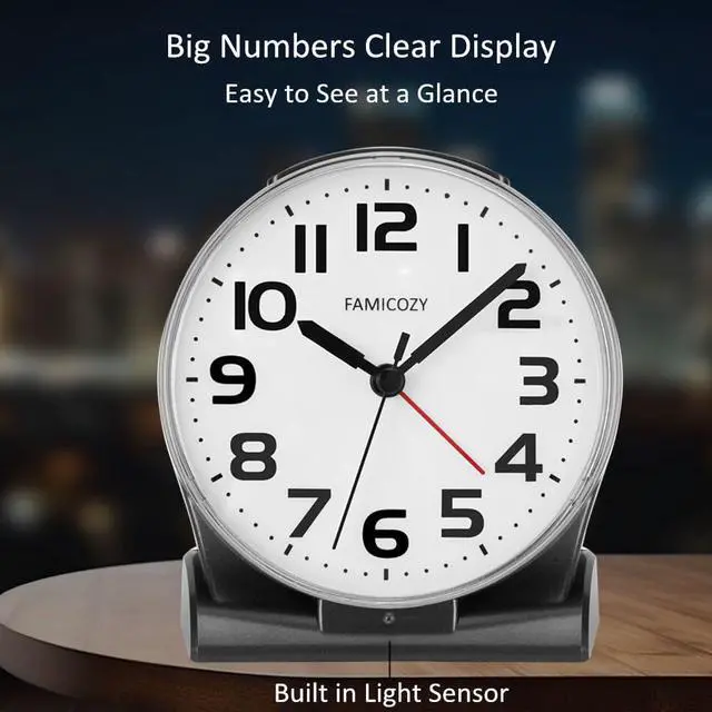 Alt view image 3 of 6 - Automatically Backlighted Alarm Clock,Silent No Ticking for Seniors Vision Impaired,Easy to Set,Big Numbers,Ascending Alarm,Gentle Wake,Snooze,2 AA Battery Operated,Black