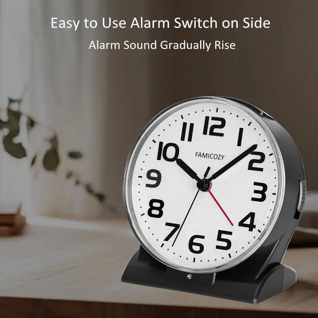 Alt view image 4 of 6 - Automatically Backlighted Alarm Clock,Silent No Ticking for Seniors Vision Impaired,Easy to Set,Big Numbers,Ascending Alarm,Gentle Wake,Snooze,2 AA Battery Operated,Black