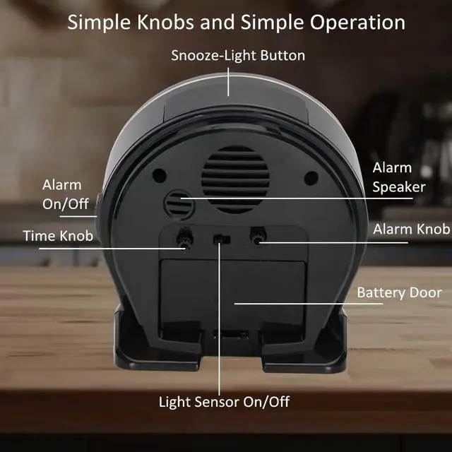 Alt view image 5 of 6 - Automatically Backlighted Alarm Clock,Silent No Ticking for Seniors Vision Impaired,Easy to Set,Big Numbers,Ascending Alarm,Gentle Wake,Snooze,2 AA Battery Operated,Black