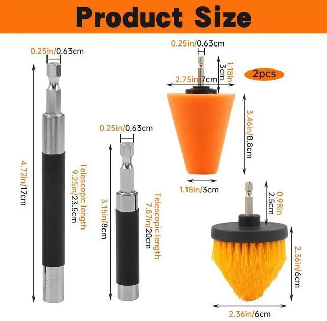 Alt view image 2 of 7 - 5PCS Drill Polishing Cone Set, Car Wheel Polisher Sponge Pad Kit with Long Extension Pole & Cleaning Brush, Buffing Cone for 1/4" Hex Drill, Car Rim and Metal Surface Polishing Tool