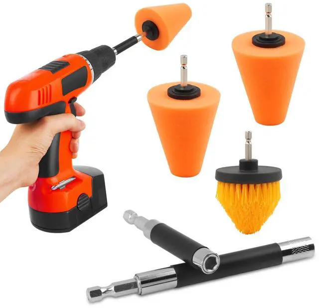 Main image of 5PCS Drill Polishing Cone Set, Car Wheel Polisher Sponge Pad Kit with Long Extension Pole & Cleaning Brush, Buffing Cone for 1/4" Hex Drill, Car Rim and Metal Surface Polishing Tool