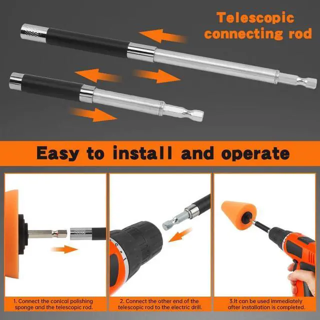 Alt view image 5 of 7 - 5PCS Drill Polishing Cone Set, Car Wheel Polisher Sponge Pad Kit with Long Extension Pole & Cleaning Brush, Buffing Cone for 1/4" Hex Drill, Car Rim and Metal Surface Polishing Tool