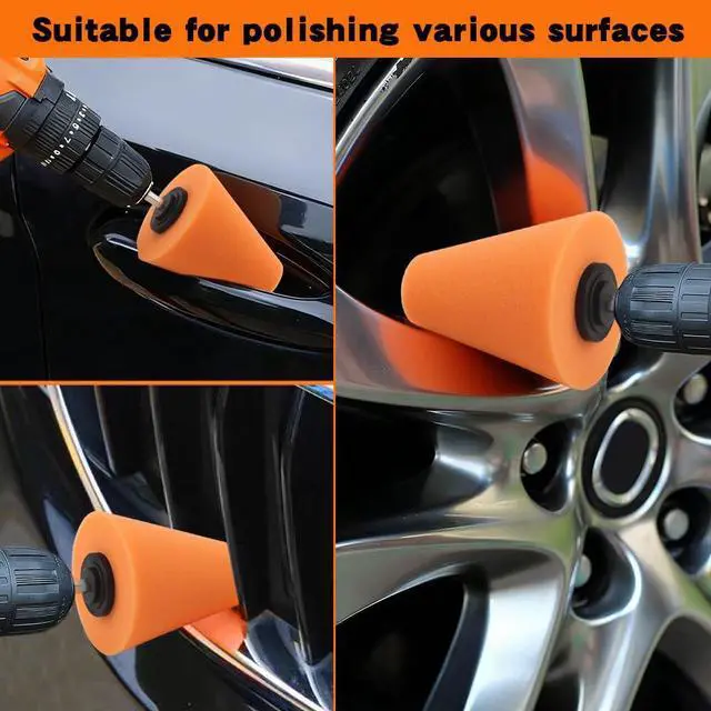 Alt view image 4 of 7 - 5PCS Drill Polishing Cone Set, Car Wheel Polisher Sponge Pad Kit with Long Extension Pole & Cleaning Brush, Buffing Cone for 1/4" Hex Drill, Car Rim and Metal Surface Polishing Tool