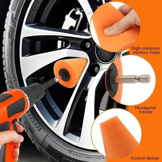 Alt view image 7 of 7 - 5PCS Drill Polishing Cone Set, Car Wheel Polisher Sponge Pad Kit with Long Extension Pole & Cleaning Brush, Buffing Cone for 1/4" Hex Drill, Car Rim and Metal Surface Polishing Tool