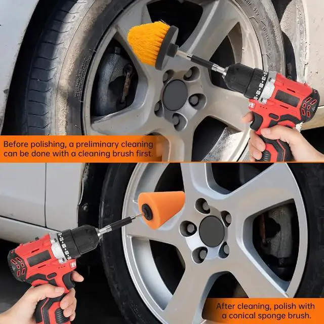 Alt view image 6 of 7 - 5PCS Drill Polishing Cone Set, Car Wheel Polisher Sponge Pad Kit with Long Extension Pole & Cleaning Brush, Buffing Cone for 1/4" Hex Drill, Car Rim and Metal Surface Polishing Tool