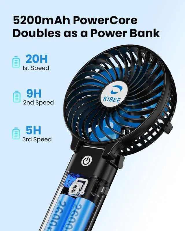 Alt view image 3 of 6 - Portable Handheld Fan, 5200mAh Rechargeable Fan with Power Bank, Up to 20H Runtime, 180° Foldable Mini Fan, 3-Speed Strong Airflow Personal Fan for Travel, Concert, Cruise, Camping