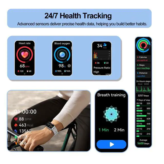Alt view image 4 of 7 - Fitness Tracker (Answer/Make Calls), Smart Watch for Women Men, with 1.47 AMOLED Always-On Display, 24/7 Heart Rate, Sleep Tracking, 110+ Sport Modes, Waterproof, Compatible for Android Phone