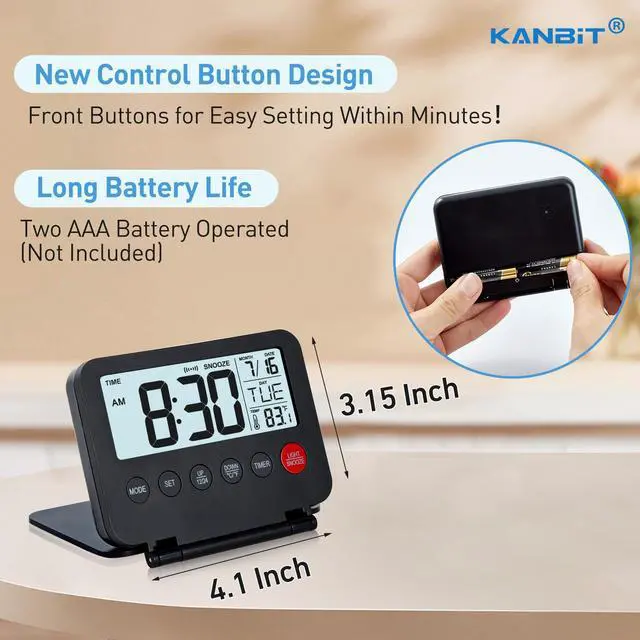 Alt view image 3 of 7 - Small Digital Travel Alarm Clock, Large LCD Display Front Button with Date & Temperature, Snooze and 8 Seconds Backlight AAA Battery Operated Desk Clock for Home & Office, Black