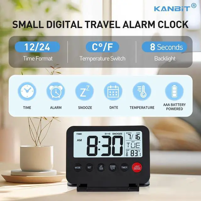 Alt view image 2 of 7 - Small Digital Travel Alarm Clock, Large LCD Display Front Button with Date & Temperature, Snooze and 8 Seconds Backlight AAA Battery Operated Desk Clock for Home & Office, Black