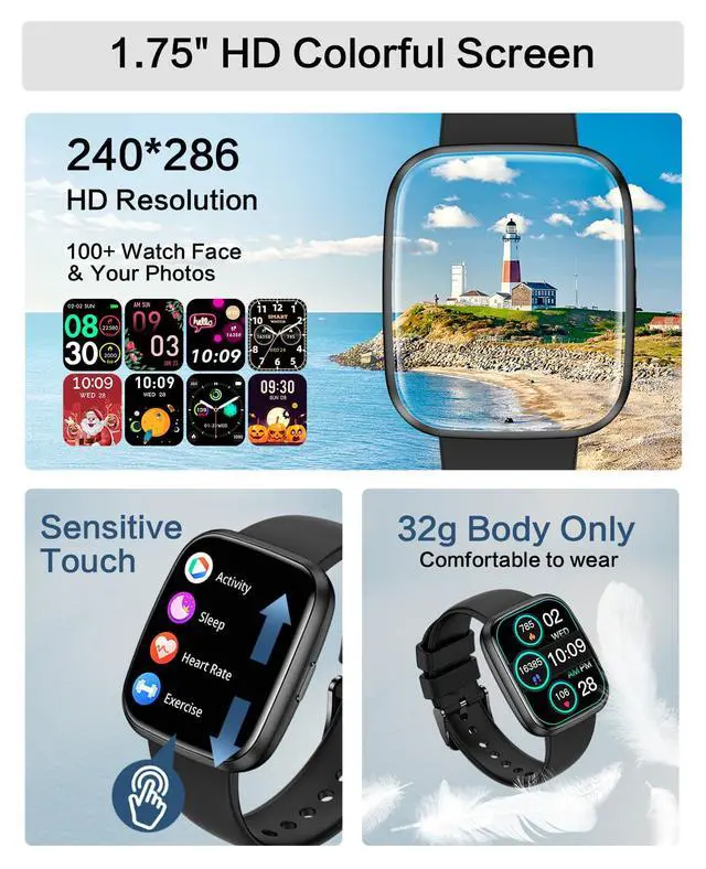 Alt view image 4 of 6 - Smart Watches for Men/Women, 1.75" Bluetooth Call, AI Voice Smartwatch, 24/7 Heart Rate Monitor, Blood Pressure/SpO2/Sleep Tracker, IP68 Waterproof, 100+ Sports Fitness Tracker for Android iOS Black