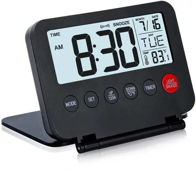 Main image of Small Digital Travel Alarm Clock, Large LCD Display Front Button with Date & Temperature, Snooze and 8 Seconds Backlight AAA Battery Operated Desk Clock for Home & Office, Black