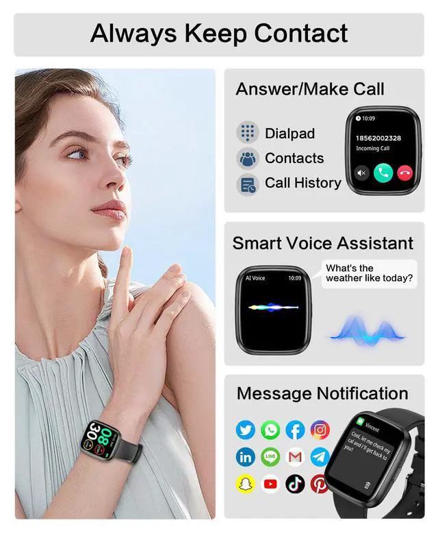 Alt view image 2 of 6 - Smart Watches for Men/Women, 1.75" Bluetooth Call, AI Voice Smartwatch, 24/7 Heart Rate Monitor, Blood Pressure/SpO2/Sleep Tracker, IP68 Waterproof, 100+ Sports Fitness Tracker for Android iOS Black