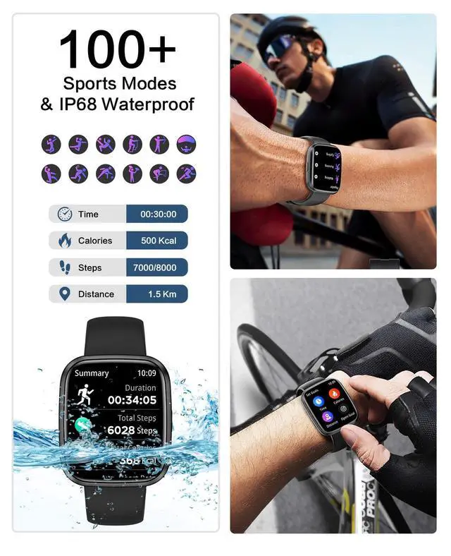 Alt view image 3 of 6 - Smart Watches for Men/Women, 1.75" Bluetooth Call, AI Voice Smartwatch, 24/7 Heart Rate Monitor, Blood Pressure/SpO2/Sleep Tracker, IP68 Waterproof, 100+ Sports Fitness Tracker for Android iOS Black