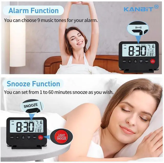 Alt view image 4 of 7 - Small Digital Travel Alarm Clock, Large LCD Display Front Button with Date & Temperature, Snooze and 8 Seconds Backlight AAA Battery Operated Desk Clock for Home & Office, Black