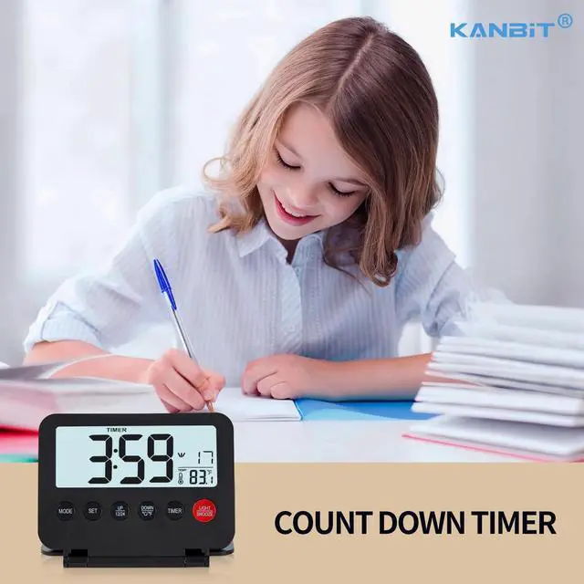 Alt view image 5 of 7 - Small Digital Travel Alarm Clock, Large LCD Display Front Button with Date & Temperature, Snooze and 8 Seconds Backlight AAA Battery Operated Desk Clock for Home & Office, Black