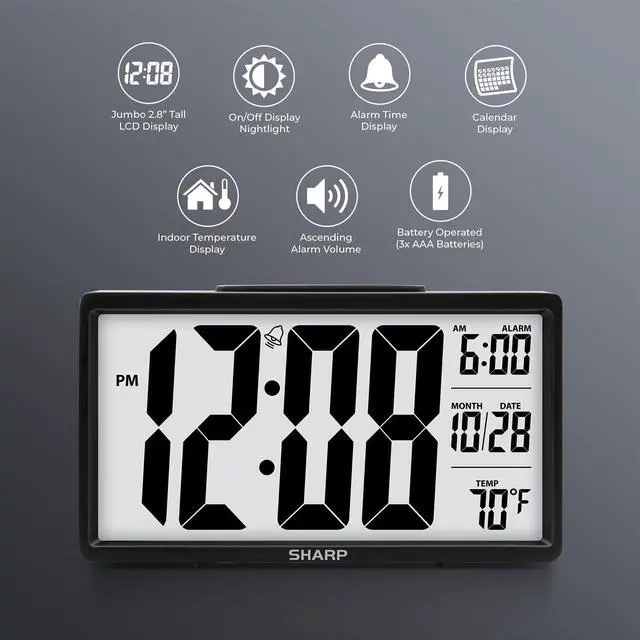 Alt view image 3 of 5 - Alarm Clock with Easy to Read 2.8'' Jumbo Screen with Indoor Temperature, Nightlight, Calendar, Battery Operated Digital Clock for Bedrooms or Travel, Black (SPC5026AMZ)