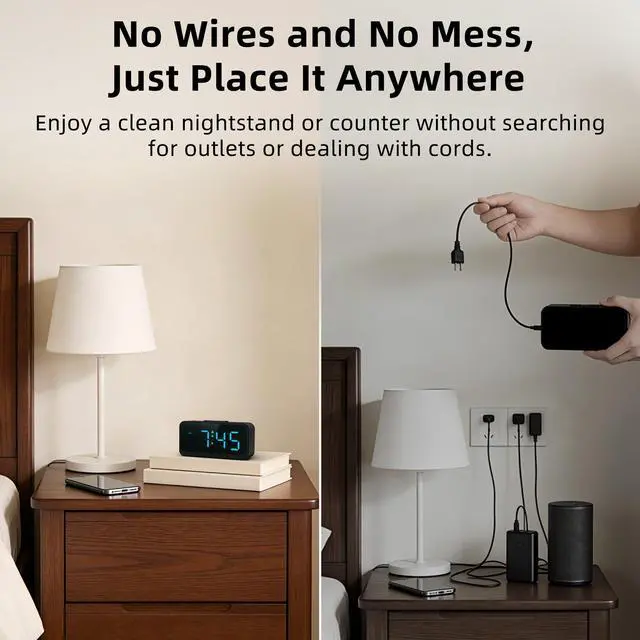 Alt view image 2 of 7 - Battery Operated Small Alarm Clock: Digital Compact Large Display Cordless Clock for Bedroom Travel - Simple to Use for Seniors Teens Blue Digits