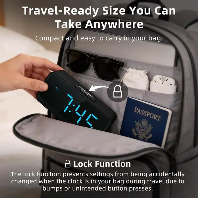 Alt view image 4 of 7 - Battery Operated Small Alarm Clock: Digital Compact Large Display Cordless Clock for Bedroom Travel - Simple to Use for Seniors Teens Blue Digits