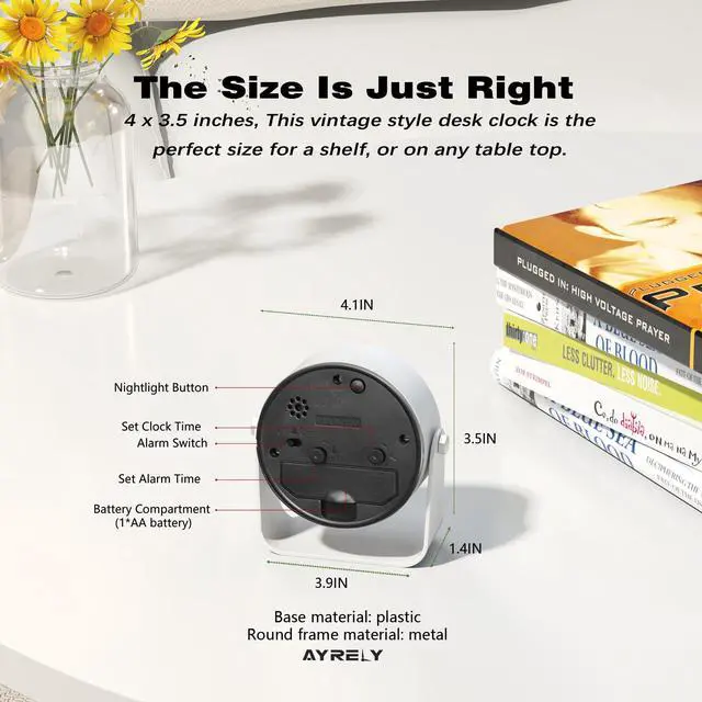 Alt view image 7 of 7 - ® 3.5 Inch Small Analog Alarm Clocks,Battery Operated Desk Clock,Cute Table Clock with LightAdjustable Angle for Travel,Bedside,Bedroom,Kids,Living Room Decor (White)