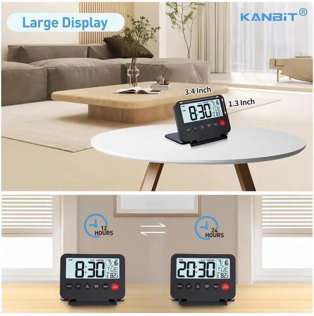 Alt view image 6 of 7 - Small Digital Travel Alarm Clock, Large LCD Display Front Button with Date & Temperature, Snooze and 8 Seconds Backlight AAA Battery Operated Desk Clock for Home & Office, Black