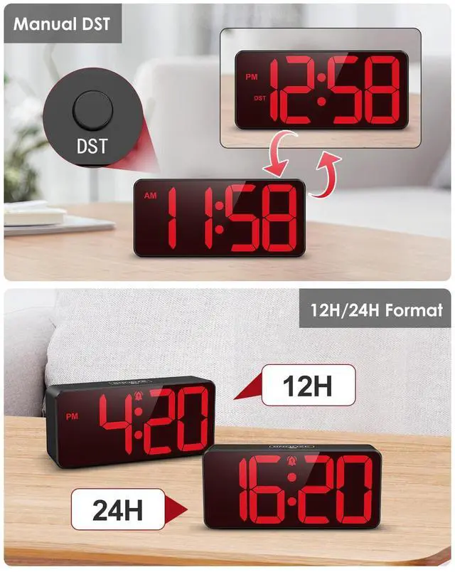 Alt view image 6 of 7 - Digital Alarm Clock, Battery Operated Digital Clock for Travel, Small Cordless Battery Clock for Bedrooms, LED Large-Digit 4 Dimmers Alarm Clock for Heavy Sleepers (Batteries Not Included)
