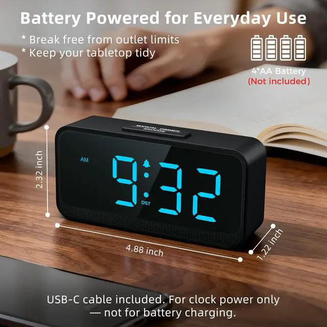 Alt view image 3 of 7 - Battery Operated Small Alarm Clock: Digital Compact Large Display Cordless Clock for Bedroom Travel - Simple to Use for Seniors Teens Blue Digits