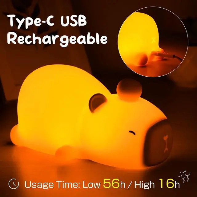 Alt view image 2 of 7 - Capybara Night Light Cute Squishy Silicone Nursery Nightlight Dimmable Animal Bedside Lamp with Tap Control Christmas Gift for Kids Girls Boys Women