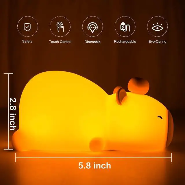 Alt view image 7 of 7 - Capybara Night Light Cute Squishy Silicone Nursery Nightlight Dimmable Animal Bedside Lamp with Tap Control Christmas Gift for Kids Girls Boys Women