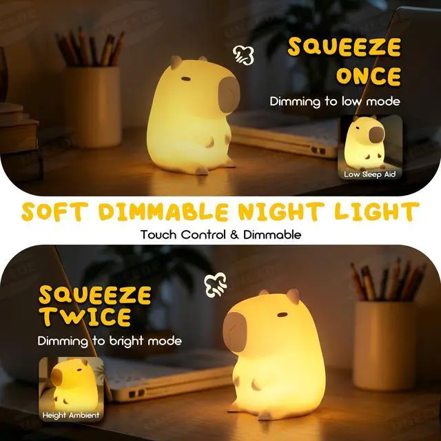 Alt view image 3 of 7 - Cute Capybara Night Light, Novelty Animal Silicone Nursery Night Light Rechargeable Table Bedside Lamp with Touch Sensor for Bedroom Living Room Squishy Capybara Stuff Boys Girls Gifts