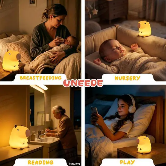 Alt view image 7 of 7 - Cute Capybara Night Light, Novelty Animal Silicone Nursery Night Light Rechargeable Table Bedside Lamp with Touch Sensor for Bedroom Living Room Squishy Capybara Stuff Boys Girls Gifts