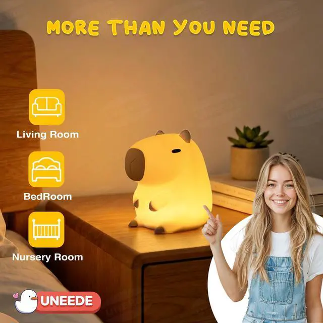 Alt view image 6 of 7 - Cute Capybara Night Light, Novelty Animal Silicone Nursery Night Light Rechargeable Table Bedside Lamp with Touch Sensor for Bedroom Living Room Squishy Capybara Stuff Boys Girls Gifts