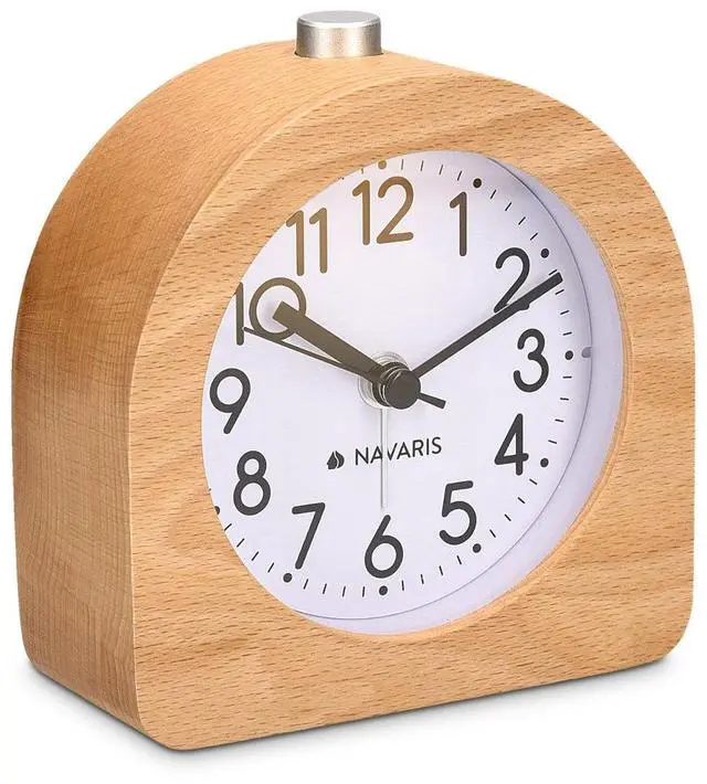 Main image of Wood Analog Alarm Clock - Half-Round Battery-Operated Non-Ticking Clock with Snooze Button and Light - Light Brown