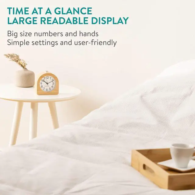 Alt view image 2 of 7 - Wood Analog Alarm Clock - Half-Round Battery-Operated Non-Ticking Clock with Snooze Button and Light - Light Brown