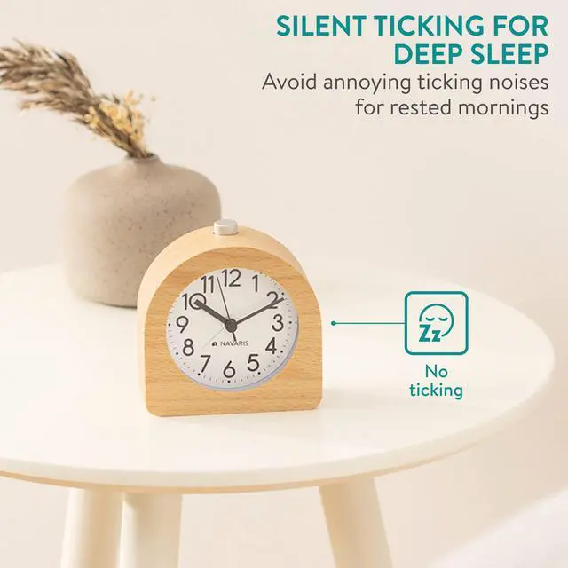 Alt view image 4 of 7 - Wood Analog Alarm Clock - Half-Round Battery-Operated Non-Ticking Clock with Snooze Button and Light - Light Brown