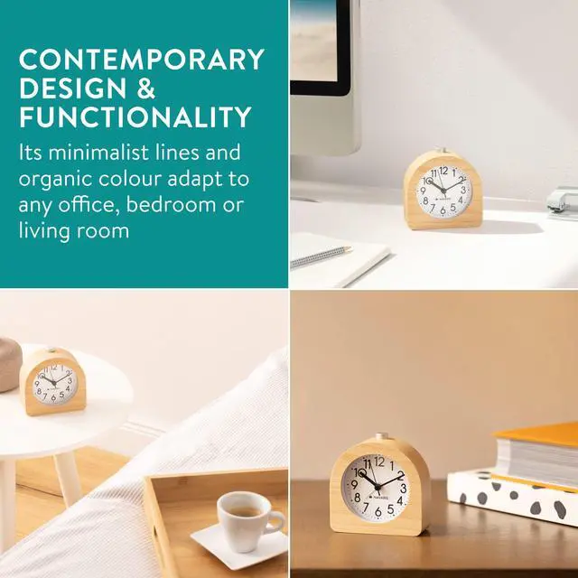 Alt view image 5 of 7 - Wood Analog Alarm Clock - Half-Round Battery-Operated Non-Ticking Clock with Snooze Button and Light - Light Brown