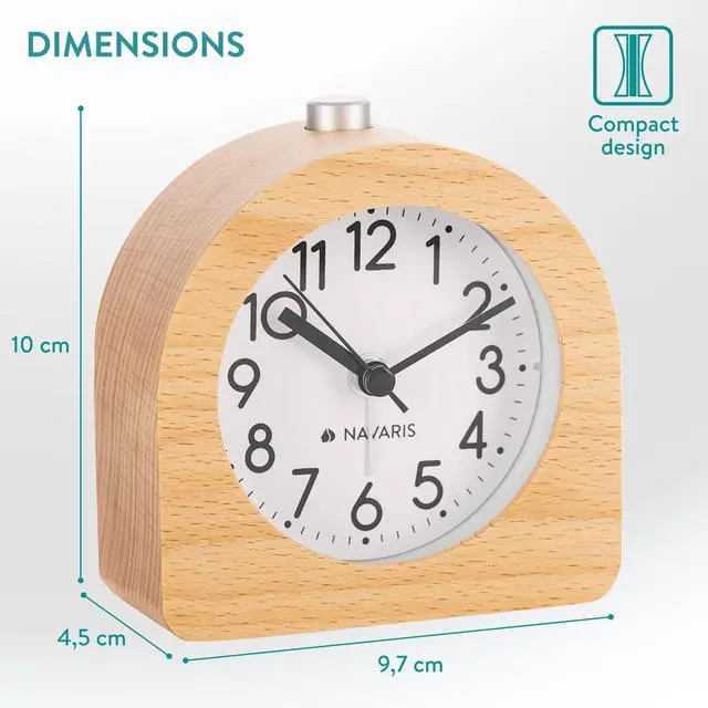 Alt view image 6 of 7 - Wood Analog Alarm Clock - Half-Round Battery-Operated Non-Ticking Clock with Snooze Button and Light - Light Brown