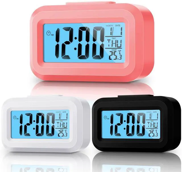Main image of Digital Alarm Clock with Indoor Temperature, Battery Operated, Large LCD Display, Simple Operation, Snooze Back Light, Time Date Month for Bedroom Travel Heavy Sleeper(Classic Colors,3 Pack)