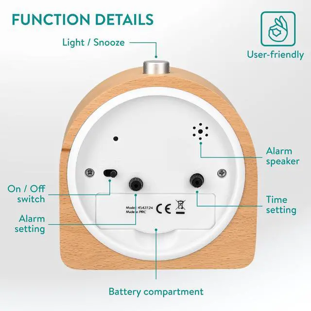 Alt view image 7 of 7 - Wood Analog Alarm Clock - Half-Round Battery-Operated Non-Ticking Clock with Snooze Button and Light - Light Brown