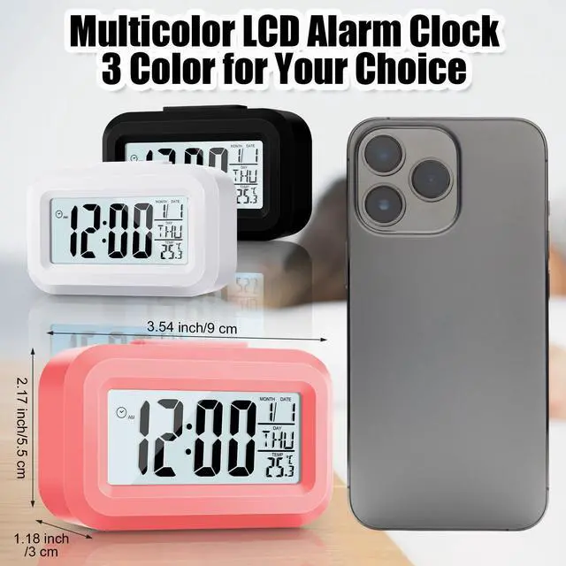 Alt view image 2 of 7 - Digital Alarm Clock with Indoor Temperature, Battery Operated, Large LCD Display, Simple Operation, Snooze Back Light, Time Date Month for Bedroom Travel Heavy Sleeper(Classic Colors,3 Pack)