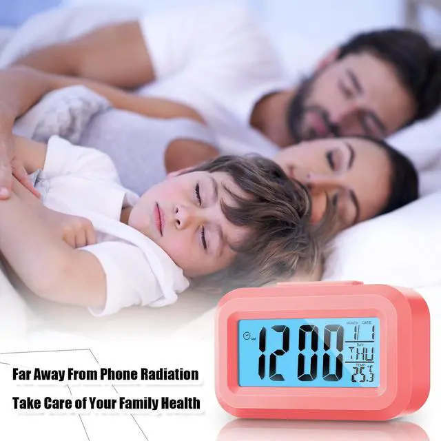 Alt view image 6 of 7 - Digital Alarm Clock with Indoor Temperature, Battery Operated, Large LCD Display, Simple Operation, Snooze Back Light, Time Date Month for Bedroom Travel Heavy Sleeper(Classic Colors,3 Pack)