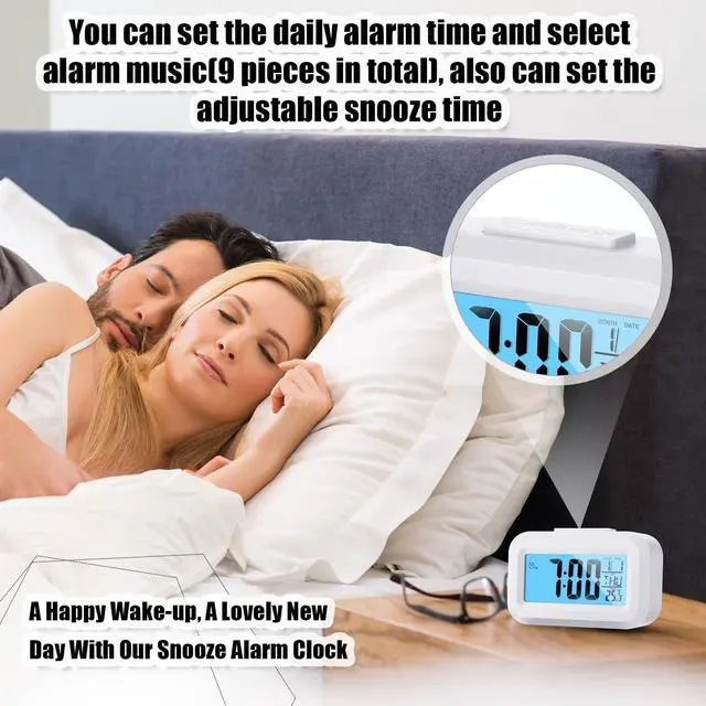 Alt view image 4 of 7 - Digital Alarm Clock with Indoor Temperature, Battery Operated, Large LCD Display, Simple Operation, Snooze Back Light, Time Date Month for Bedroom Travel Heavy Sleeper(Classic Colors,3 Pack)