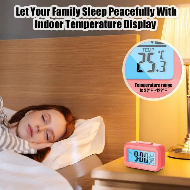 Alt view image 5 of 7 - Digital Alarm Clock with Indoor Temperature, Battery Operated, Large LCD Display, Simple Operation, Snooze Back Light, Time Date Month for Bedroom Travel Heavy Sleeper(Classic Colors,3 Pack)