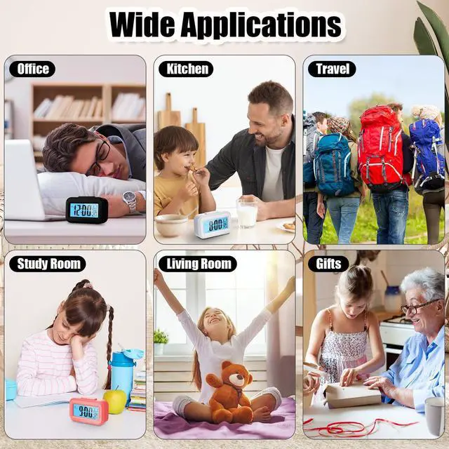 Alt view image 7 of 7 - Digital Alarm Clock with Indoor Temperature, Battery Operated, Large LCD Display, Simple Operation, Snooze Back Light, Time Date Month for Bedroom Travel Heavy Sleeper(Classic Colors,3 Pack)